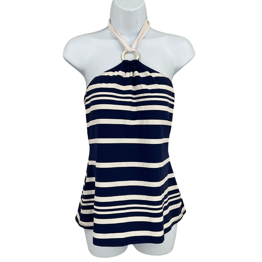 Lauren‎ Ralph Lauren Tankini Top Womens 12 Navy Striped Halter Coastal Resort